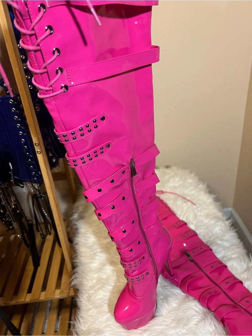 Hot Pink Over-the-Knee Platform Stiletto Boots with Buckle Straps